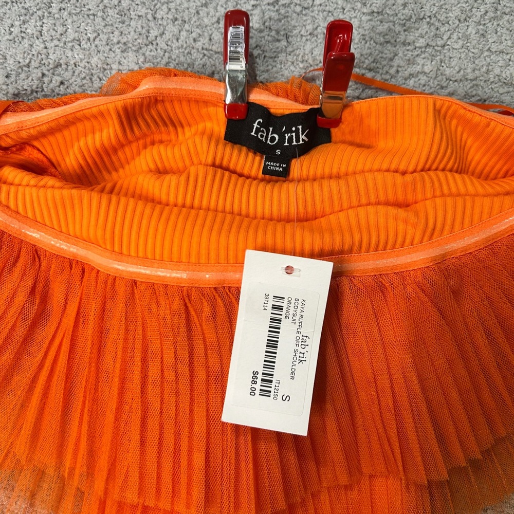 fab'rik Bodysuit Kaya Ruffle Off Shoulder S Orange Tulle Ribbed Mesh Festival - Picture 5 of 8